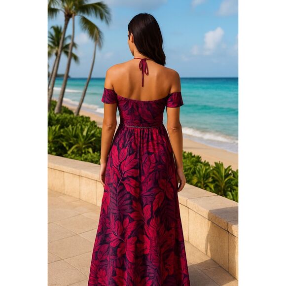 S/W/F Tropical Pink & Purple Off-Shoulder Maxi Dress vacation size S NWT - Picture 2 of 6
